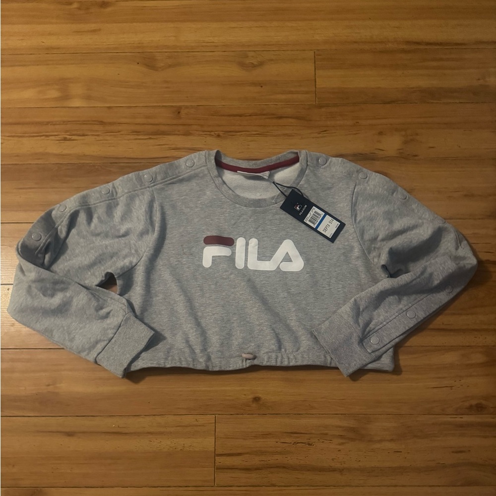 FILA Grey Cropped Crewneck Sweatshirt Sz XL New NWT Snap Long Sleeves